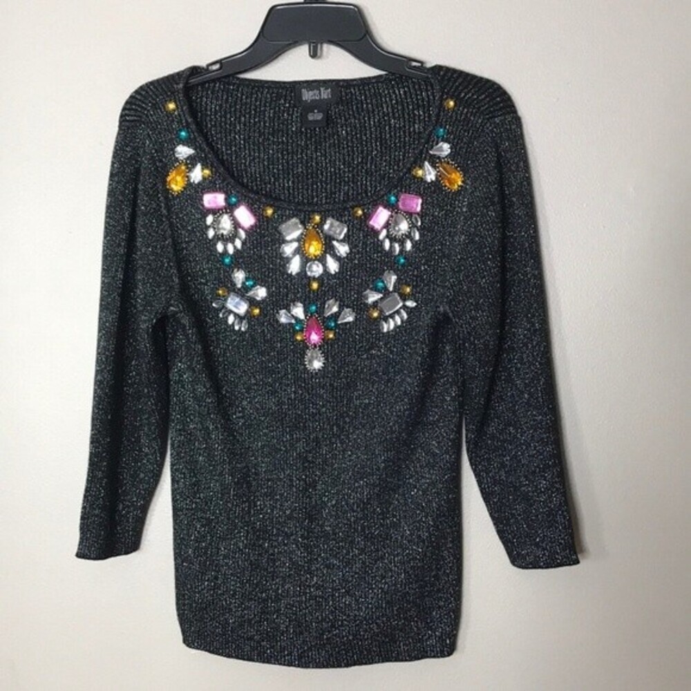 Vintage objects dart embroidered gem all over neckline shiny black glittered top
